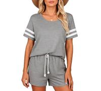Women's Summer Pajama Sets Short Sleeve Striped T Shirt and Shorts Two Piece Lounge Wear Casual Sleepwear Outfits Soft Breathable Home Suit