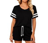 Women's Summer Pajama Sets Short Sleeve Striped T Shirt and Shorts Two Piece Lounge Wear Casual Sleepwear Outfits Soft Breathable Home Suit