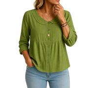 Women's Summer Peter Pan Collar Linen Cotton Blend Button Down Shirt Long Sleeve Loose Fit Casual Solid Color Blouse Top for Work Daily Wear