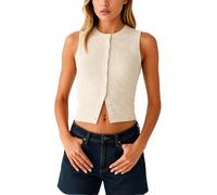 Women's Summer Ribbed Knit Sleeveless Button Down Tank Top Casual Slim Fit Crop Vest Basic Round Neck Henley Shirt for Ladies Girls