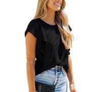 Women's Summer Ribbed Knit Top with Ruffle Sleeves Casual Short Sleeve Crew Neck Blouse Trendy TikTok Fashion Shirt for Ladies Girls White Color