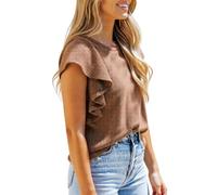 Women's Summer Ribbed Knit Top with Ruffle Sleeves Casual Short Sleeve Crew Neck Blouse Trendy TikTok Fashion Shirt for Ladies Girls White Color
