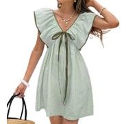 Women's Summer Ruffle Sleeve Striped Mini Babydoll Dress V Neck Tie Front Short Dresses Cute Bow Dresses (Green,L)