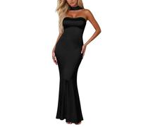 Women's Summer Satin Strapless Tube Top Maxi Dress Elegant Silk Backless Neck Formal Party Dresses Wedding Guest (Black, L)