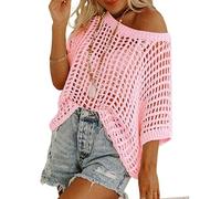 Womens Summer Sexy Hollow Scoop Neck Shortsleeve Top Pullover Beach Cover-up Knitted Sweater (Pink,11XL)