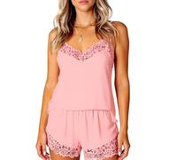 Women's Summer Sexy Lace Trim Camisole Shorts Pajama Set V Neck Spaghetti Strap Sleepwear Two Piece Loungewear Soft Breathable Nightwear Outfit