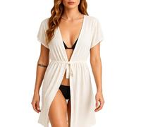 Women's Summer Sheer Beach Cover Up V Neck Short Sleeve Kimono Cardigan Swimsuit Coverup Casual Vacation Outfit with Drawstring Waist Green