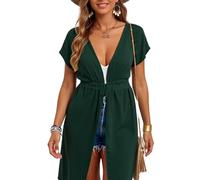 Women's Summer Sheer Beach Cover Up V Neck Short Sleeve Kimono Cardigan Swimsuit Coverup Casual Vacation Outfit with Drawstring Waist Green