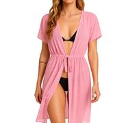Women's Summer Sheer Beach Cover Up V Neck Short Sleeve Kimono Cardigan Swimsuit Coverup Casual Vacation Outfit with Drawstring Waist Green