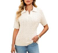 Women's Summer Short Sleeve Cable Knit Polo Shirt V Neck Pullover Sweater Casual Preppy Style Knitted Top for Spring Fall Daily Wear Office