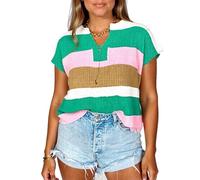 Women's Summer Short Sleeve Color Block Knit Top Casual U-Neck Striped Sweater Lightweight Loose Fit Pullover for Vacation Beach Daily Wear Pink Purple White【