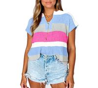 Women's Summer Short Sleeve Color Block Knit Top Casual U-Neck Striped Sweater Lightweight Loose Fit Pullover for Vacation Beach Daily Wear Pink Purple White【