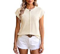 Women's Summer Short Sleeve Knit Top Casual Round Neck Loose Fit Sweater Blouse Pink Chunky Knit Pullover for Beach Vacation Daily Wear