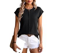 Women's Summer Short Sleeve Knit Top Casual Round Neck Loose Fit Sweater Blouse Pink Chunky Knit Pullover for Beach Vacation Daily Wear