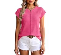 Women's Summer Short Sleeve Knit Top Casual Round Neck Loose Fit Sweater Blouse Pink Chunky Knit Pullover for Beach Vacation Daily Wear