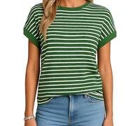 Women's Summer Short Sleeve Knit Top Fashionable Crew Neck Striped T-Shirt Casual Loose Fit Blouse Navy Blue White Stripe tee Vacation Beach