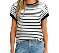 Women's Summer Short Sleeve Knit Top Fashionable Crew Neck Striped T-Shirt Casual Loose Fit Blouse Navy Blue White Stripe tee Vacation Beach