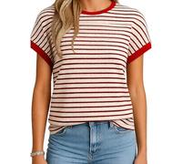 Women's Summer Short Sleeve Knit Top Fashionable Crew Neck Striped T-Shirt Casual Loose Fit Blouse Navy Blue White Stripe tee Vacation Beach