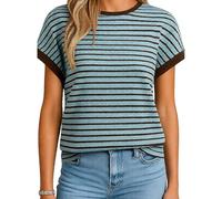 Women's Summer Short Sleeve Knit Top Fashionable Crew Neck Striped T-Shirt Casual Loose Fit Blouse Navy Blue White Stripe tee Vacation Beach