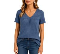 Women's Summer Short Sleeve V Neck T Shirt Loose Casual Pleated Top Crinkle Textured Blouse Flowy Tunics for Vacation Beach Daily Wear Lightweight Blue
