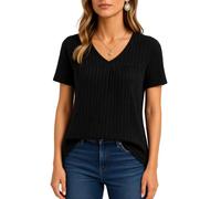 Women's Summer Short Sleeve V Neck T Shirt Loose Casual Pleated Top Crinkle Textured Blouse Flowy Tunics for Vacation Beach Daily Wear Lightweight Blue