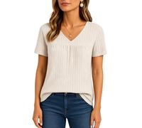 Women's Summer Short Sleeve V Neck T Shirt Loose Casual Pleated Top Crinkle Textured Blouse Flowy Tunics for Vacation Beach Daily Wear Lightweight Blue