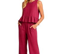 Women's Summer Sleeveless Ruffle Hem Top and Wide Leg Pants Set Casual Linen Blend Two Piece Outfit with Pockets for Vacation Beach Daily Wear