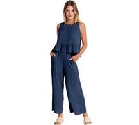 Women's Summer Sleeveless Ruffle Hem Top and Wide Leg Pants Set Casual Linen Blend Two Piece Outfit with Pockets for Vacation Beach Daily Wear