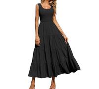 Women's Summer Sleeveless Smocked Bodice Tiered A-Line Maxi Dress Casual Beach Vacation Long Swing Dress with Pockets Black Elegant