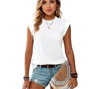 Women's Summer Sleeveless Top Round Neck Casual Solid Color T Shirt Extended Shoulder Cap Sleeve Blouse for Vacation Beach Daily Wear Loose Fit