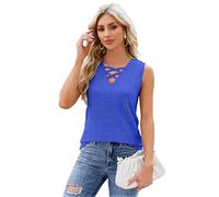 Womens Summer Sleeveless V Neck Tank Top Casual Eyelet Knit Blouse with Criss Cross Strappy Detail Loose Fit Camisole for Vacation Beach