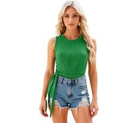 Women's Summer Solid Green Sleeveless Ribbed Knit Mini Dress with Side Tie Waist Ruched Bodycon Cocktail Party Casual Fashion Sundress for Women