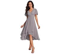 Women's Summer Solid Ruffle Sleeve Pleated V-Neck A-Line Midi Dress Elegant High Low Hem Flowy Chiffon Party Wedding Guest Cocktail Dress Light Pink