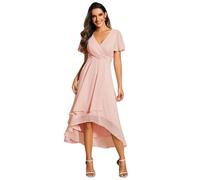 Women's Summer Solid Ruffle Sleeve Pleated V-Neck A-Line Midi Dress Elegant High Low Hem Flowy Chiffon Party Wedding Guest Cocktail Dress Light Pink