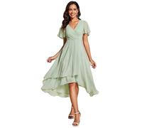 Women's Summer Solid Ruffle Sleeve Pleated V-Neck A-Line Midi Dress Elegant High Low Hem Flowy Chiffon Party Wedding Guest Cocktail Dress Light Pink