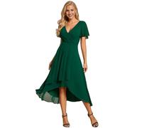 Women's Summer Solid Ruffle Sleeve Pleated V-Neck A-Line Midi Dress Elegant High Low Hem Flowy Chiffon Party Wedding Guest Cocktail Dress Light Pink