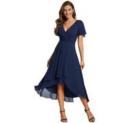 Women's Summer Solid Ruffle Sleeve Pleated V-Neck A-Line Midi Dress Elegant High Low Hem Flowy Chiffon Party Wedding Guest Cocktail Dress Light Pink