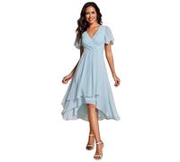 Women's Summer Solid Ruffle Sleeve Pleated V-Neck A-Line Midi Dress Elegant High Low Hem Flowy Chiffon Party Wedding Guest Cocktail Dress Light Pink