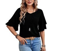 Women's Summer Solid V Neck Double Layer Ruffle Sleeve Loose Fit T Shirt Lightweight Flowy Casual Boho Short Sleeve Top for Vacation Beach Wear