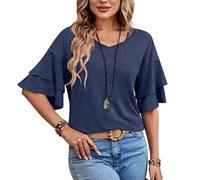 Women's Summer Solid V Neck Double Layer Ruffle Sleeve Loose Fit T Shirt Lightweight Flowy Casual Boho Short Sleeve Top for Vacation Beach Wear