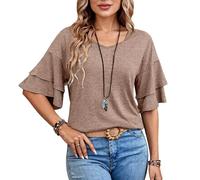 Women's Summer Solid V Neck Double Layer Ruffle Sleeve Loose Fit T Shirt Lightweight Flowy Casual Boho Short Sleeve Top for Vacation Beach Wear