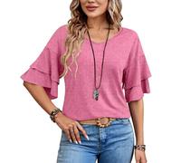 Women's Summer Solid V Neck Double Layer Ruffle Sleeve Loose Fit T Shirt Lightweight Flowy Casual Boho Short Sleeve Top for Vacation Beach Wear