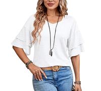 Women's Summer Solid V Neck Double Layer Ruffle Sleeve Loose Fit T Shirt Lightweight Flowy Casual Boho Short Sleeve Top for Vacation Beach Wear