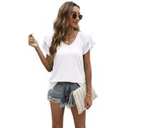 Women's Summer Solid V-Neck T-Shirt Double Ruffle Sleeve Casual Loose Fit Short Sleeve Top Blouse for Daily Wear Vacation Beach Outing Party Time