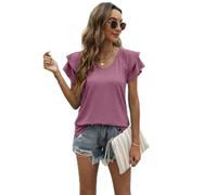 Women's Summer Solid V-Neck T-Shirt Double Ruffle Sleeve Casual Loose Fit Short Sleeve Top Blouse for Daily Wear Vacation Beach Outing Party Time