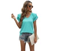 Women's Summer Solid V-Neck T-Shirt Double Ruffle Sleeve Casual Loose Fit Short Sleeve Top Blouse for Daily Wear Vacation Beach Outing Party Time