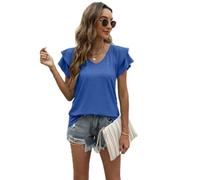 Women's Summer Solid V-Neck T-Shirt Double Ruffle Sleeve Casual Loose Fit Short Sleeve Top Blouse for Daily Wear Vacation Beach Outing Party Time