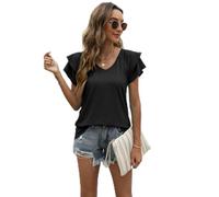 Women's Summer Solid V-Neck T-Shirt Double Ruffle Sleeve Casual Loose Fit Short Sleeve Top Blouse for Daily Wear Vacation Beach Outing Party Time