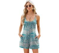Women's Summer Spaghetti Strap Romper Casual Loose Fit Solid Color Playsuit with Pockets Sleeveless Beach Jumpsuit for Vacation Lounge Wear