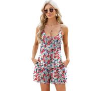 Women's Summer Spaghetti Strap Romper Casual Loose Fit Solid Color Playsuit with Pockets Sleeveless Beach Jumpsuit for Vacation Lounge Wear